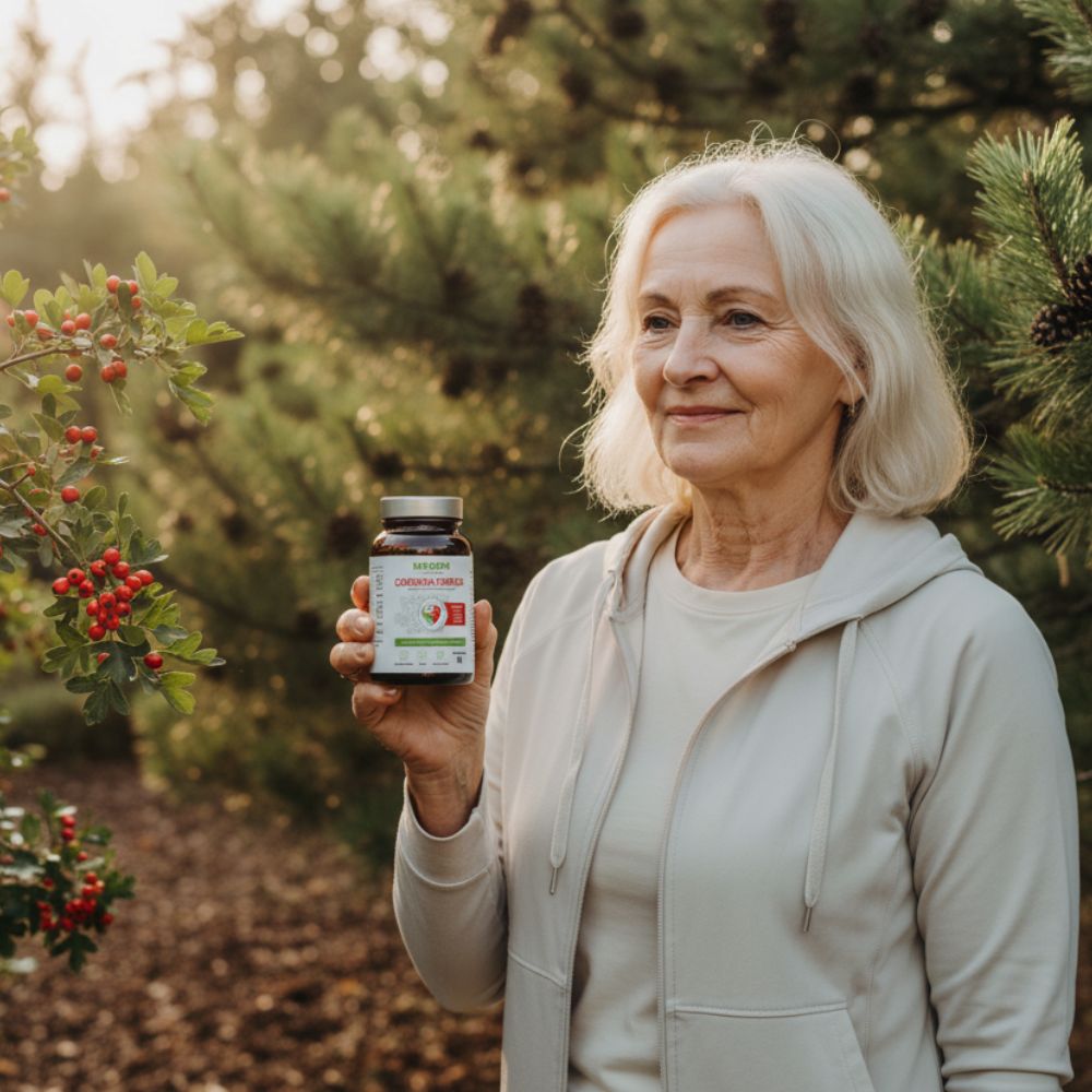 Uśmiechnięta starsza kobieta prezentuje suplement Biowen Cardiovita Complex+ na tle zielonych drzew i owoców głogu.