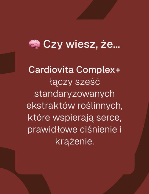 Infografika z napisem „Czy wiesz, że… Cardiovita Complex+ łączy sześć standaryzowanych ekstraktów roślinnych”