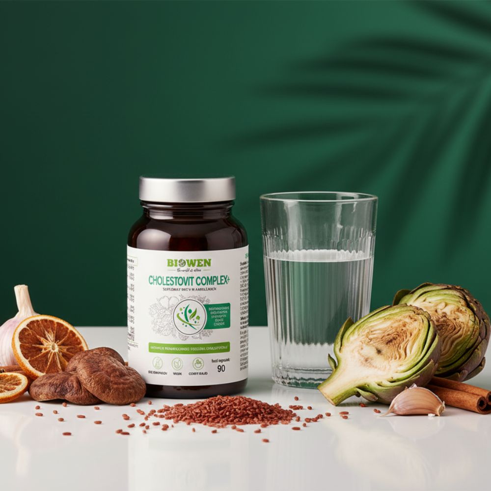 Słoiczek Biowen Cholestovit Complex+ otoczony naturalnymi składnikami – karczochem, grzybem reishi i czosnkiem, obok szklanka z wodą