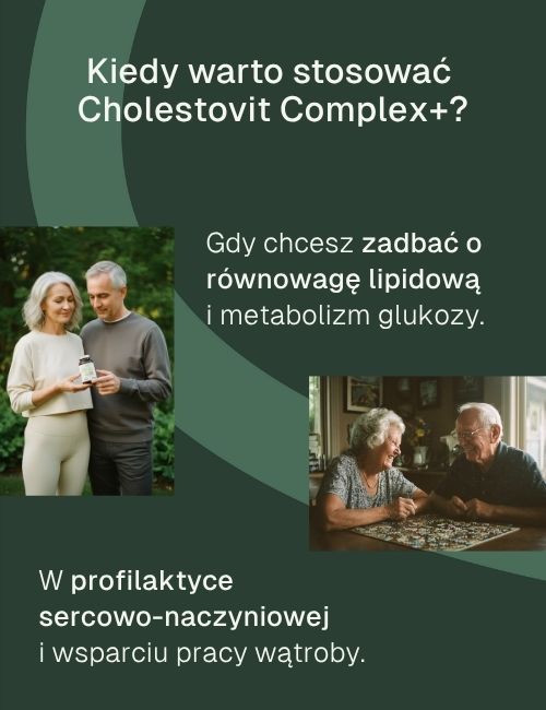 Infografika Biowen Cholestovit Complex+ o tym, kiedy warto stosować suplement – dla równowagi lipidowej i wsparcia serca