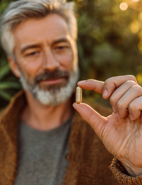 Mężczyzna trzymający w dłoni kapsułkę suplementu Biowen Cholestovit Complex+ w naturalnym świetle