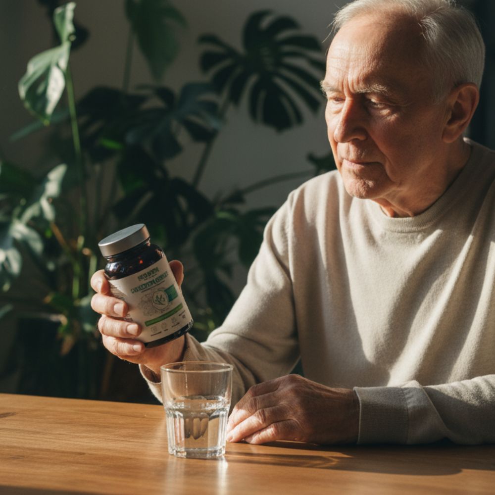 Starszy mężczyzna z suplementem Biowen Cholestovit Complex+ i szklanką wody na drewnianym blacie