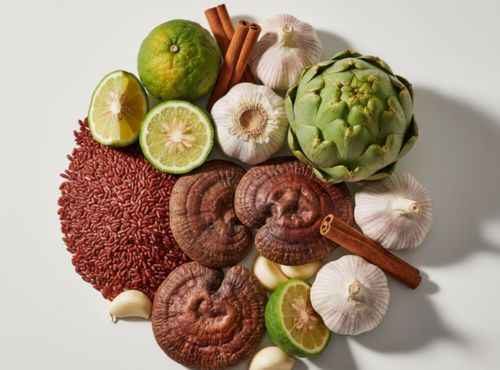 Karczoch, czosnek, reishi, limonka i czerwony ryż – składniki suplementu holestovit Complex+ Biowen ułożone na białym tle