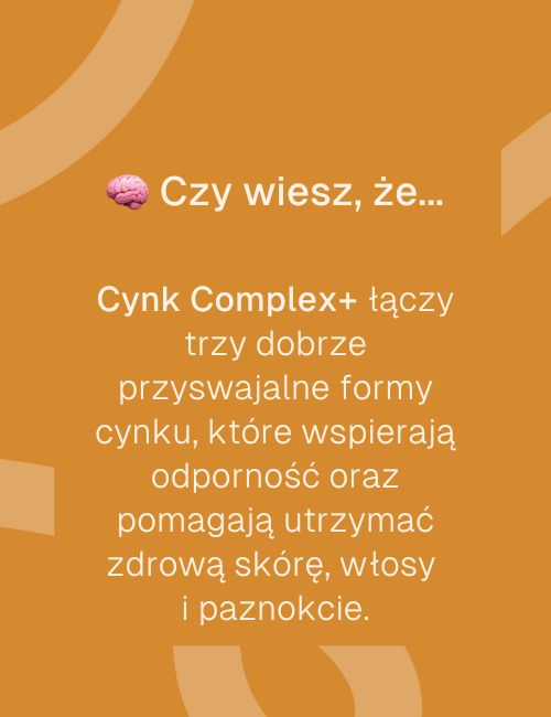 Infografika o suplemencie Cynk Complex+ Biowen, opisująca jego działanie wspierające odporność, skórę, włosy i paznokcie.