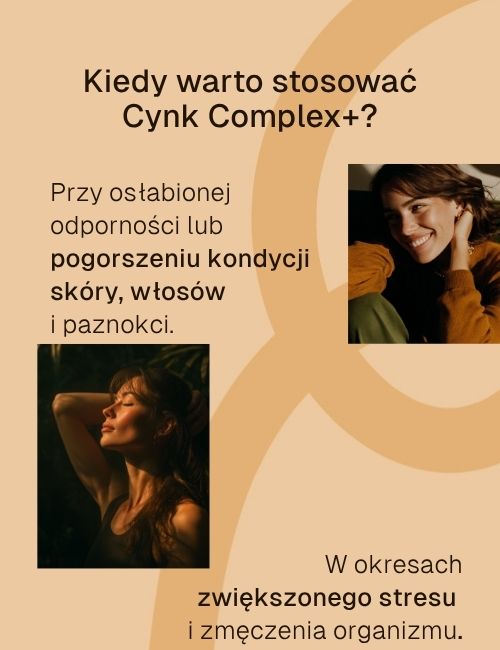 Infografika o suplemencie Cynk Complex+ Biowen z informacją, że warto go stosować przy osłabionej odporności, pogorszeniu kondycji skóry, włosów i paznokci oraz w okresach stresu.