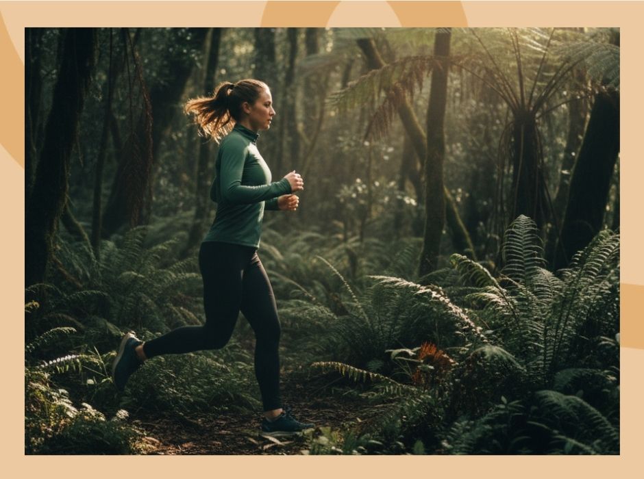 Kobieta biegnąca przez las po suplementacji cytruliny na wsparcie wydolności.
