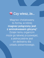 Czy wiesz, że magnez chelatowany to forma połączona z glicyną, łatwiejsza do przyswajania, grafika informacyjna