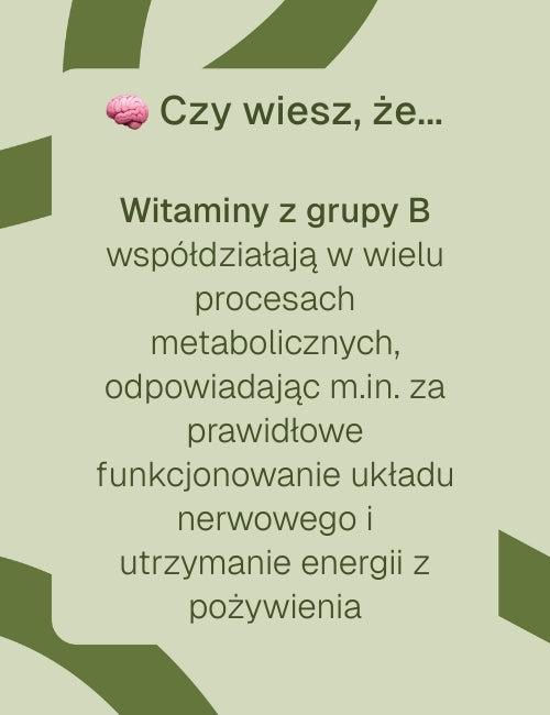 Zielona grafika z napisem „Czy wiesz, że…” i tekstem o roli witamin z grupy B w procesach metabolicznych.