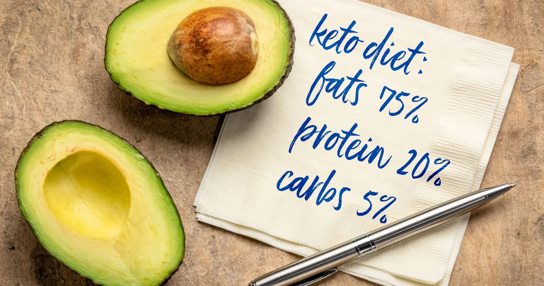 Awokado i proporcje makroskładników w diecie ketogenicznej zapisane na serwetce.
