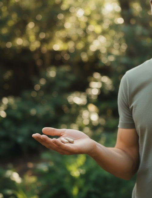 Dłoń z kilkoma kapsułkami suplementu Biowen Shiitake na tle natury