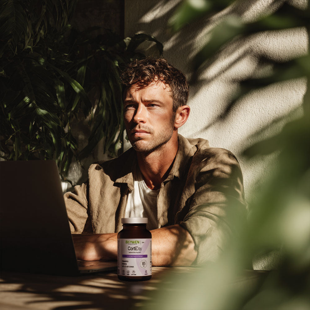 Mężczyzna przy laptopie z butelką CortiDay Biowen na stole w otoczeniu roślin