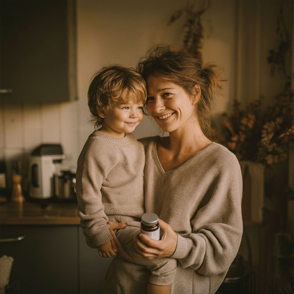 Uśmiechnięta kobieta trzymająca dziecko na rękach w domowym wnętrzu, w dłoni ma opakowanie suplementu Cynk Complex+ Biowen.