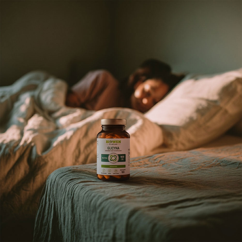 Słoik suplementu Glicyna Biowen 100 kapsułek stojący na łóżku z kobietą śpiącą w tle.
