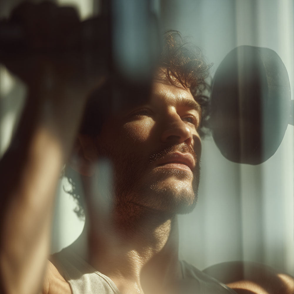 Mężczyzna w sportowej koszulce podnosi hantel w świetle dziennym.