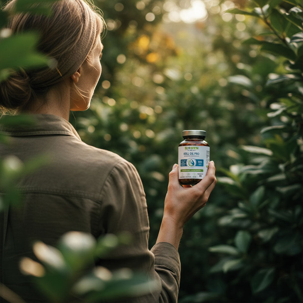 Kobieta na tle zieleni trzymająca słoiczek suplementu Olej z kryla Krill Oil Pro Biowen 90 kapsułek.