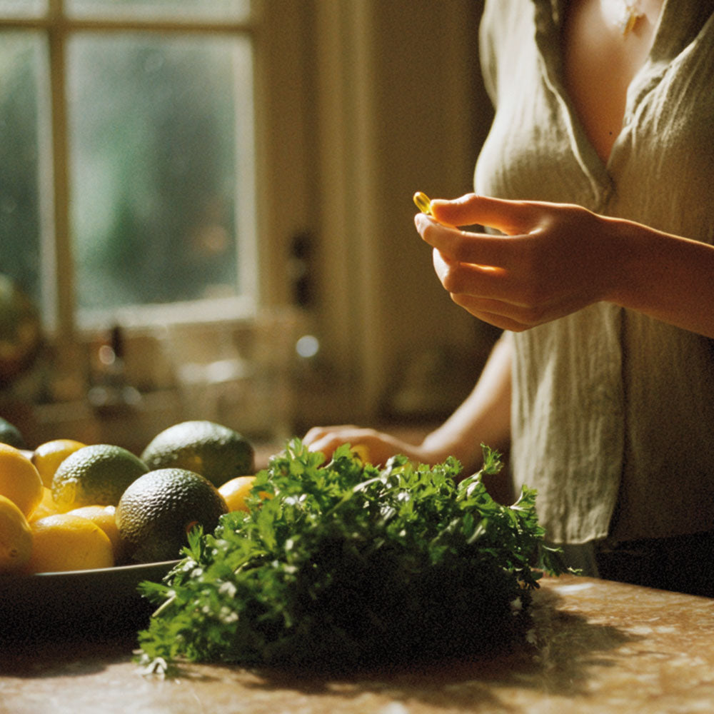 Kobieta stojąca w kuchni trzymająca kapsułkę suplementu Omega 3 Forte obok ziół, cytryn i awokado.