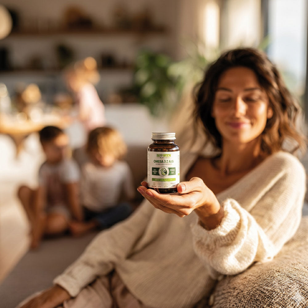 Uśmiechnięta kobieta prezentująca opakowanie Omega 3 z alg Biowen 60 kapsułek, w tle bawiące się dzieci.