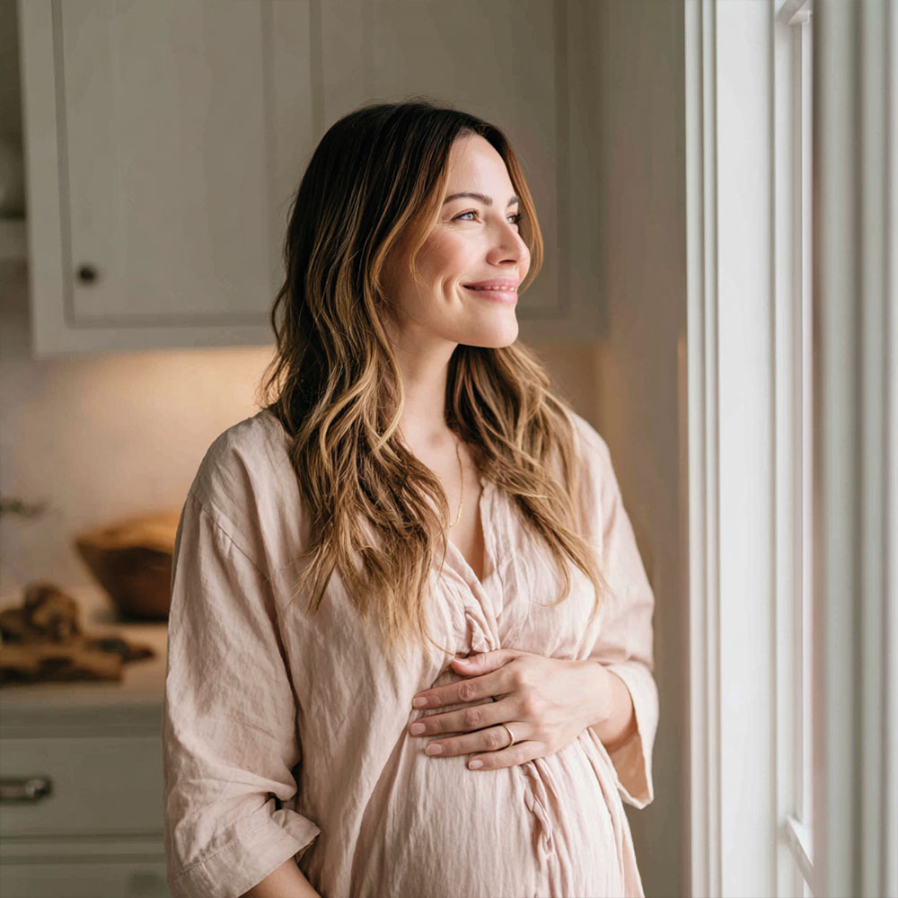Kobieta z długimi włosami opiera dłoń na brzuchu, stojąc w jasnym wnętrzu.