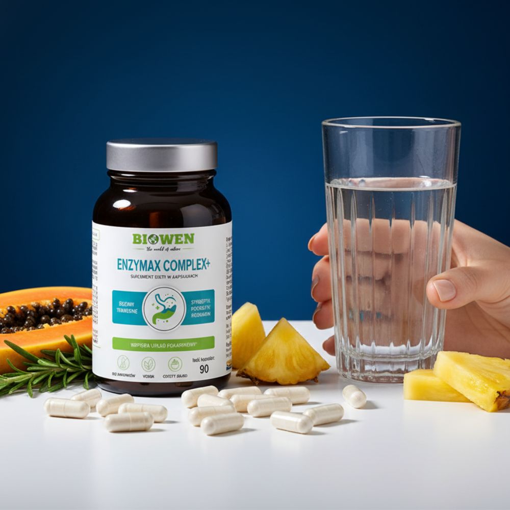 Słoiczek Biowen EnzyMax Complex+ 90 kapsułek obok owoców i dłoni trzymającej szklankę z wodą