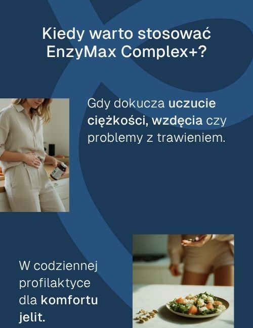 Grafika z napisem „Kiedy warto stosować EnzyMax Complex+?” oraz zdjęciami kobiety z suplementem i talerza sałatki.