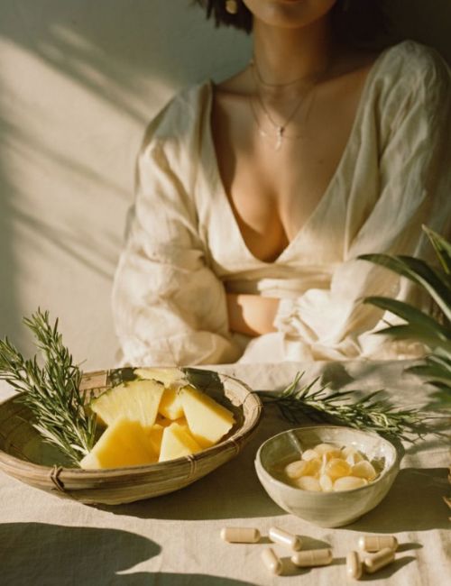 Kobieta w jasnej bluzce przy stole z kawałkami ananasa, rozmarynem i leżącymi kapsułkami EnzyMax Complex+.