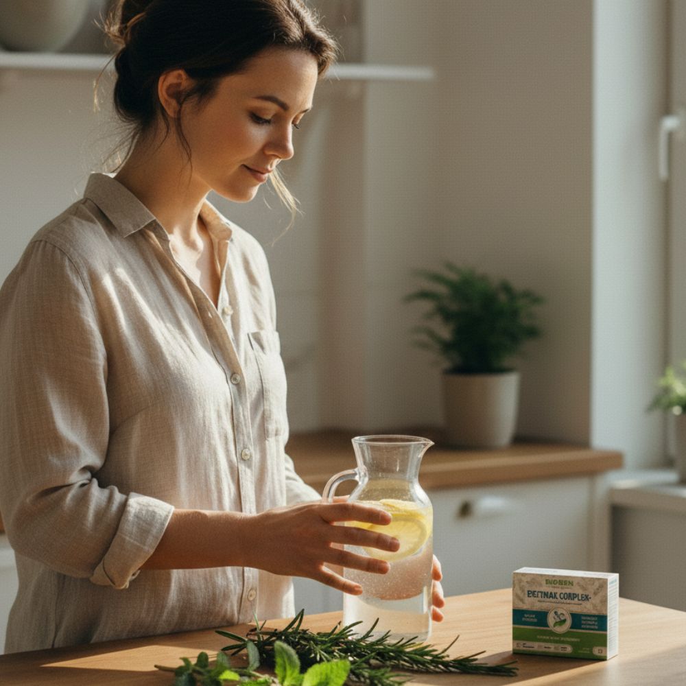 Kobieta w jasnej koszuli trzyma dzbanek z wodą i cytryną obok opakowania suplementu EnzyMax Complex+ Biowen 15 kapsułek na blacie.