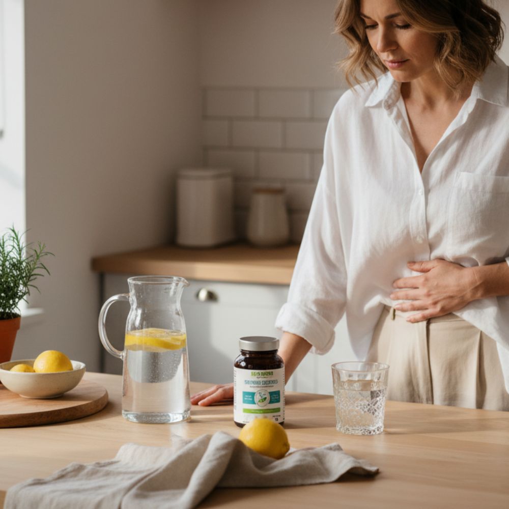 Kobieta w białej koszuli w kuchni obok słoiczka Biowen EnzyMax Complex+ i dzbanka z wodą i cytryną i szklanką