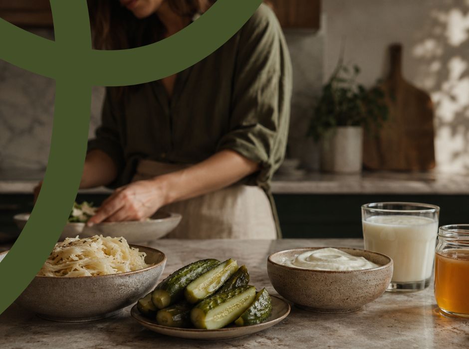 Fermentowane produkty na blacie: kiszona kapusta, ogórki, jogurt, kefir i kombucha.