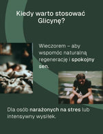 Grafika z napisem „Kiedy warto stosować Glicynę?” oraz zdjęciami osoby śpiącej i mężczyzny siedzącego na ławce.