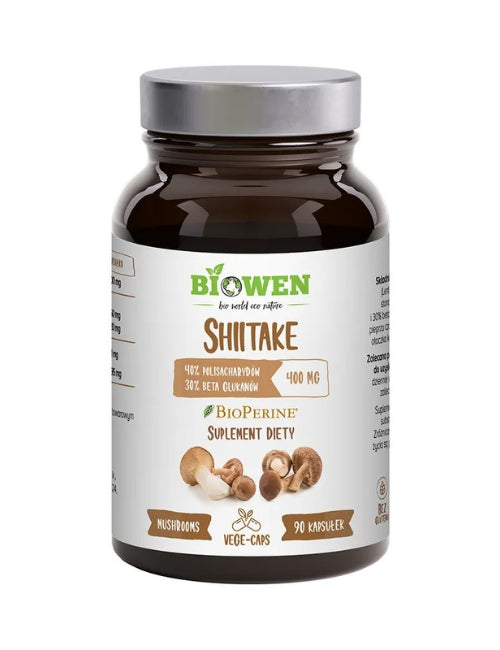 Suplement Biowen Shiitake 90 kapsułek w brązowym słoiczku z etykietą BioPerine