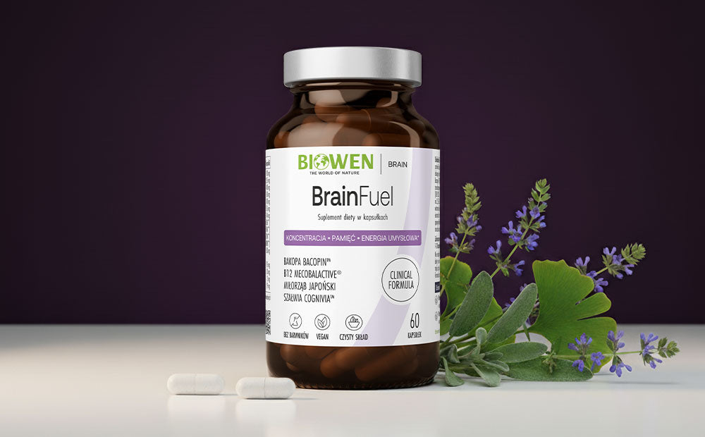 Słoik BrainFuel Biowen 60 kapsułek z liśćmi bakopy, szałwii i miłorzębu oraz dwiema kapsułkami obok