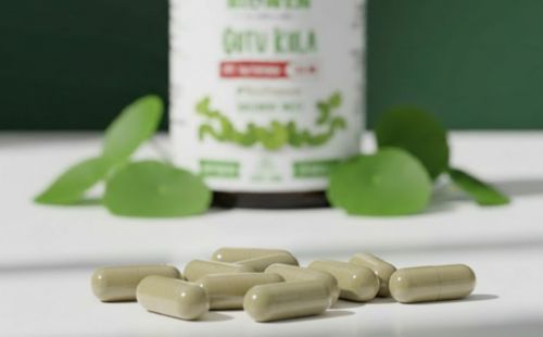 Kapsułki suplementu diety Biowen Gotu Kola na tle słoiczka i liści wąkroty