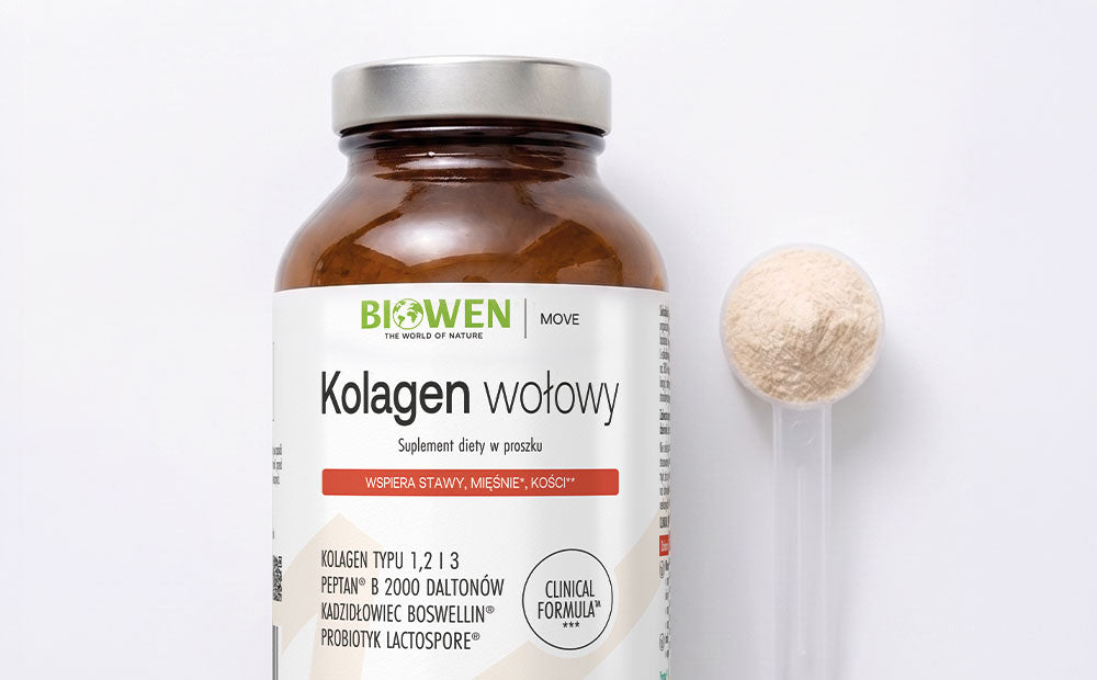 Biowen Kolagen wołowy w proszku z dołączoną miarką wypełnioną suplementem