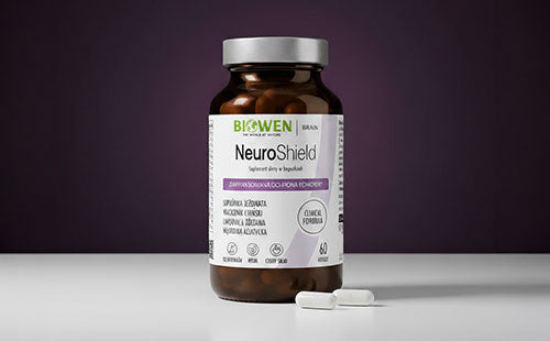 Butelka NeuroShield Biowen 60 kapsułek z dwiema białymi kapsułkami obok