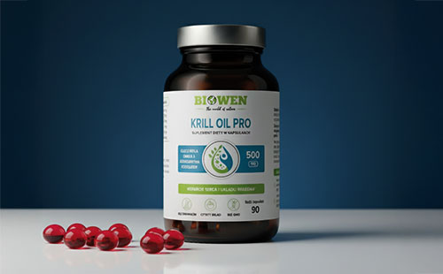 Butelka suplementu Olej z kryla Krill Oil Pro Biowen 90 kapsułek z czerwonymi kapsułkami na białym blacie.