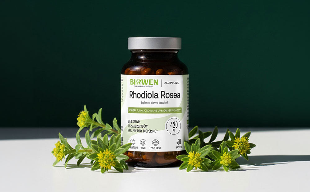 Kapsułki Biowen Rhodiola Rosea 420 mg w opakowaniu 60 sztuk z certyfikatami vegan i czysty skład