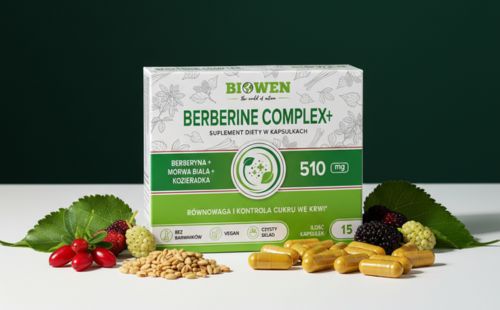 Opakowanie suplementu Berberine Complex+ Biowen 15 kapsułek z kapsułkami, owocami morwy, berberyną.