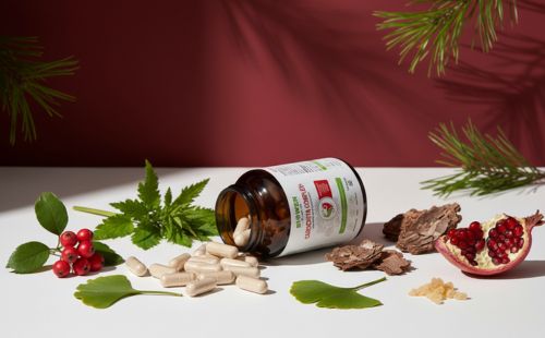 Cardiovita Complex+ Biowen 90 kapsułek z granatem, głogiem i miłorzębem na serce. Zdjęcie produktu i składników.