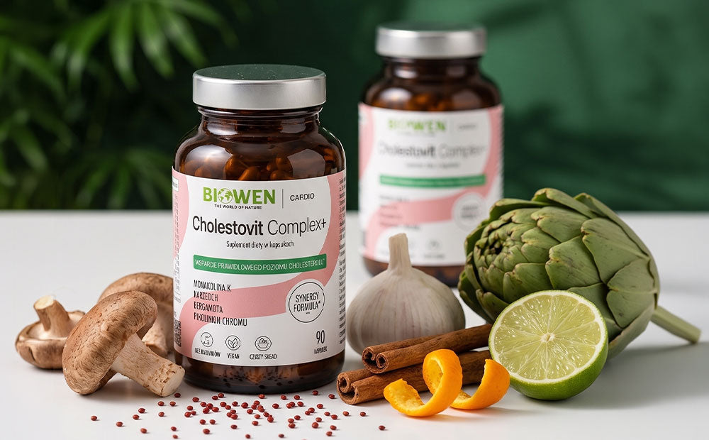Dwa opakowania Cholestovit Complex+ Biowen, 90 kapsułek, w aranżacji z karczochem, czosnkiem, limonką i grzybami