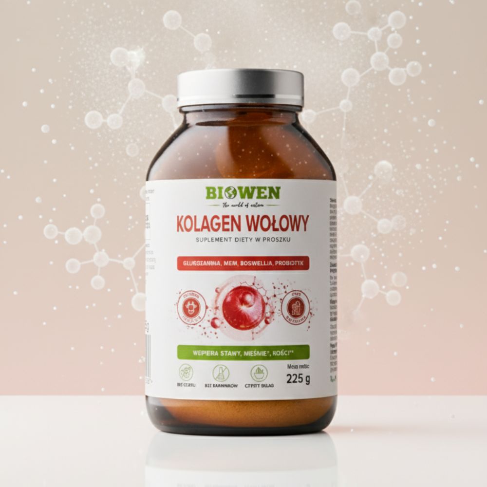 Kolagen Wołowy Biowen 225g z Glukozaminą, MSM, Boswellią i Probiotykiem. Wsparcie stawów, mięśni, kości.