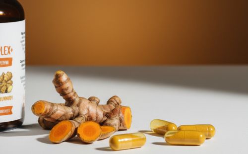 Korzeń kurkumy i żółte kapsułki Kurkuma C3 Complex+ Biowen na białym blacie z pomarańczowym tłem.