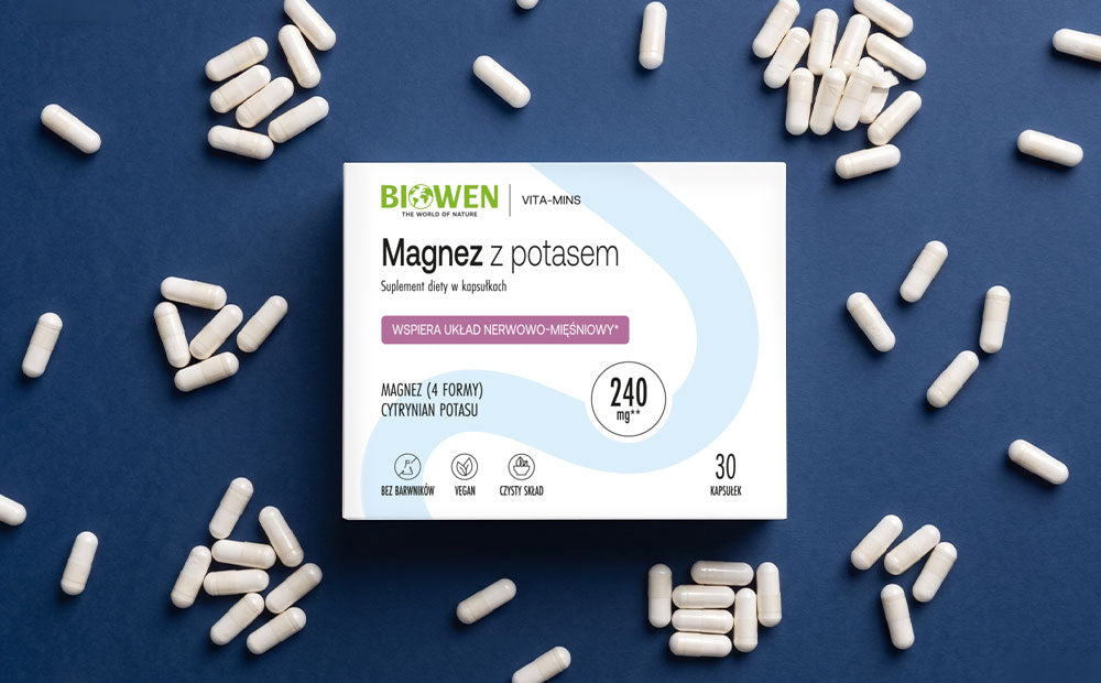 Magnez z potasem Biowen – suplement diety w kapsułkach wspierający układ nerwowo-mięśniowy na granatowym tle