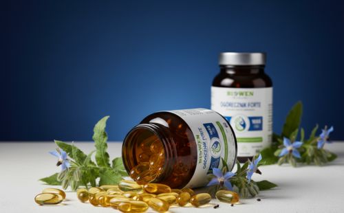 Otwarty słoiczek Biowen Ogórecznik Forte z wysypanymi kapsułkami, kwiatami ogórecznika i drugim słoiczkiem w tle.