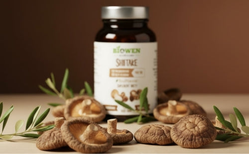 Słoiczek Biowen Shiitake 90 kapsułek otoczony grzybami shiitake i gałązkami