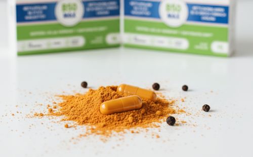 Dwie kapsułki Witamina B Complex+ Biowen leżące na proszku o pomarańczowym kolorze z ziarnami pieprzu na białym tle.