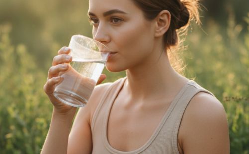 Kobieta pije szklankę wody, w której rozpuszczono Kolagen wołowy Biowen w proszku. Wspiera skórę i stawy.