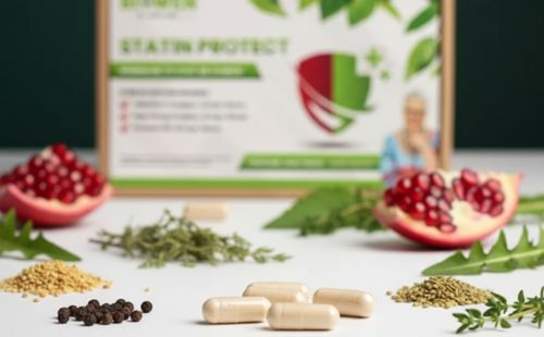 Kapsułki zestawu Statin Protect Biowen na tle opakowania z granatem i ziołami.