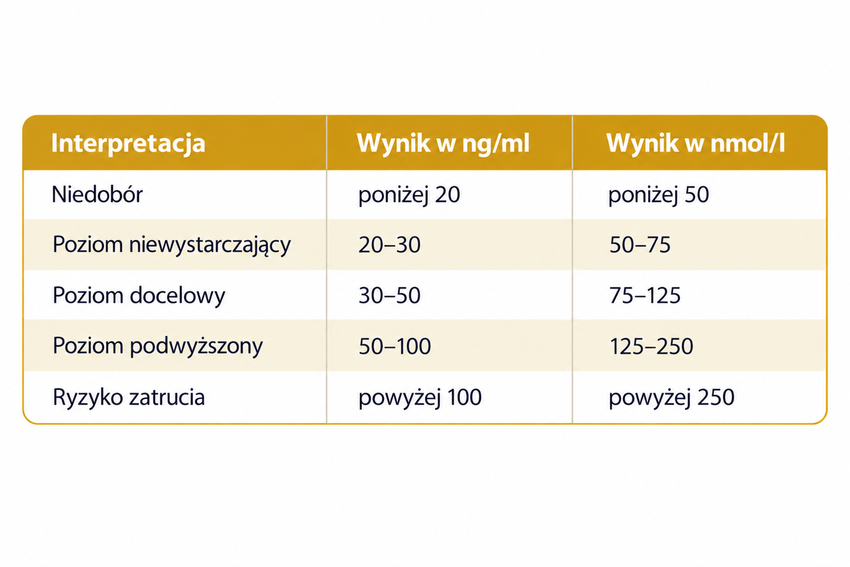 interpretacja poziomu witaminy d - tabela