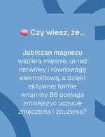 Infografika o suplemencie Biowen Jabłczan Magnezu na niebieskim tle z napisem „Czy wiesz, że…”