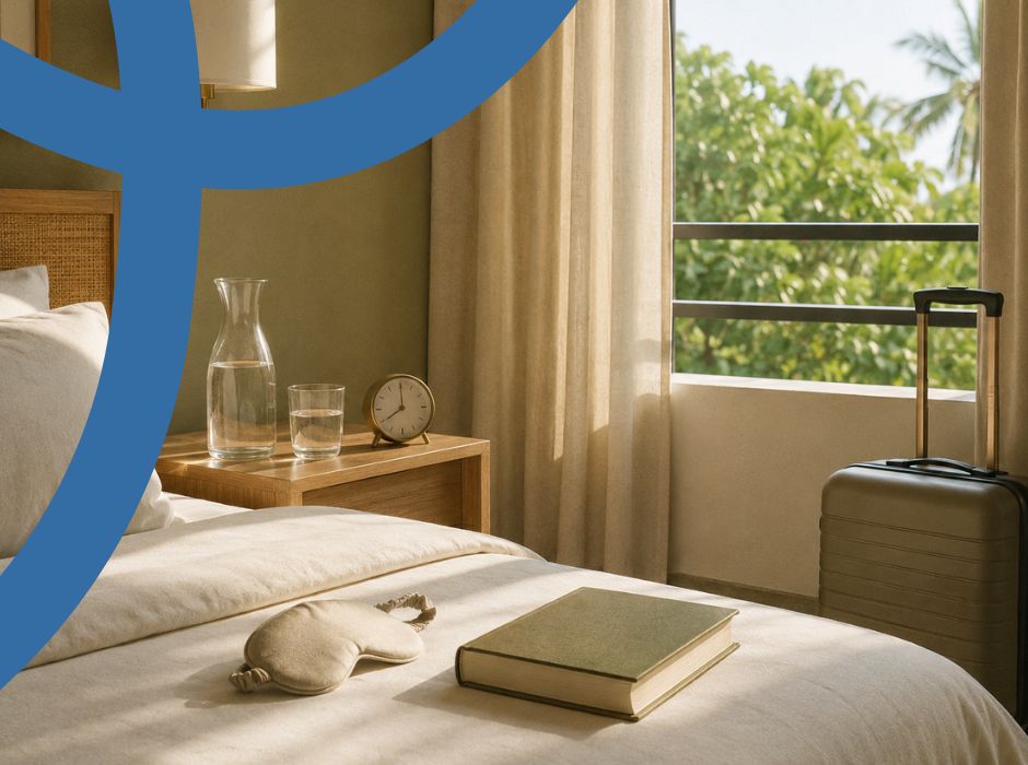 Hotelowy pokój po długim locie z wodą, maską do spania i porannym światłem.